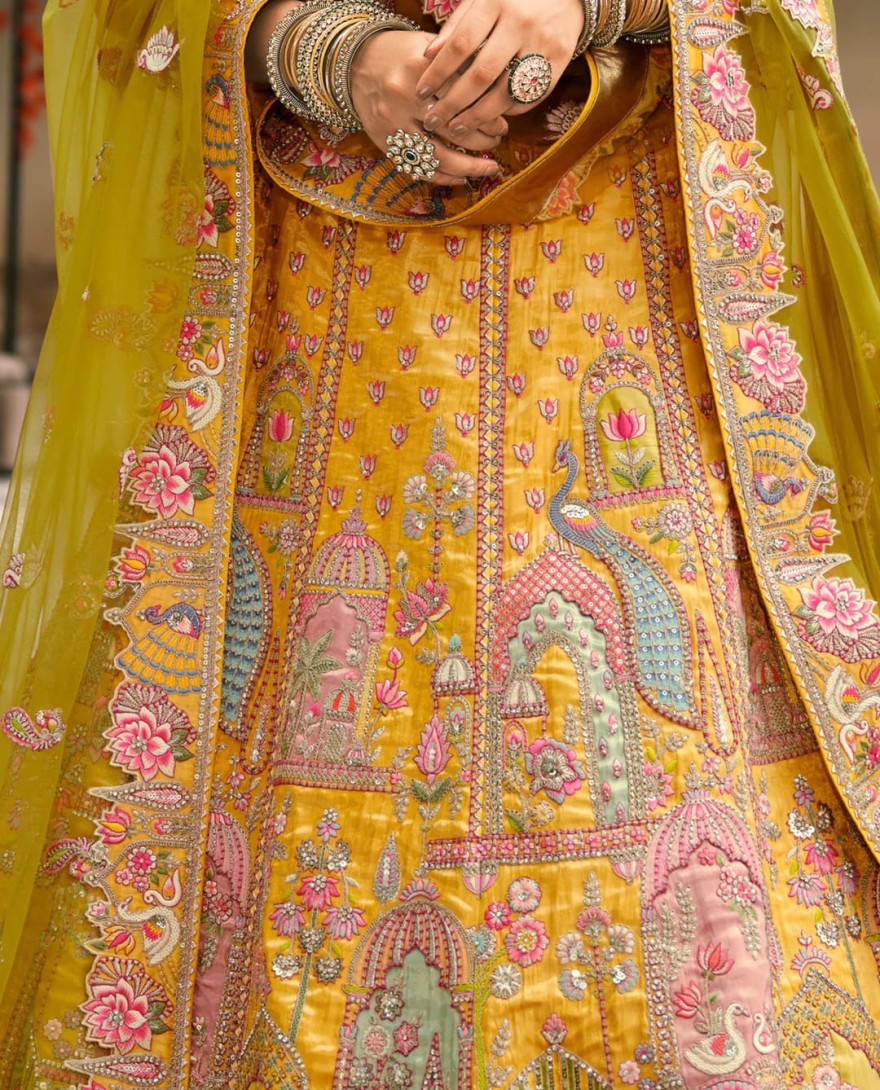 Yellow - Yellow & Green Fancy Silk Lehenga Choli With Cut Work Embroidery Border & Stone Work